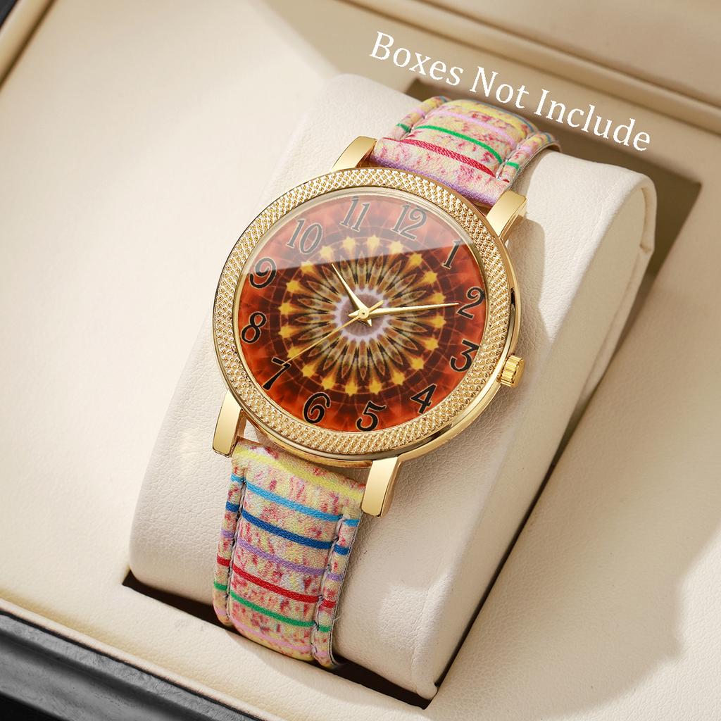 1/6/7PCS Vintage Printed Women Watches Fashion Leather Strap Ladies Quartz Wristwatch Reloj Mujer Girls Clock Gift (Without Box)