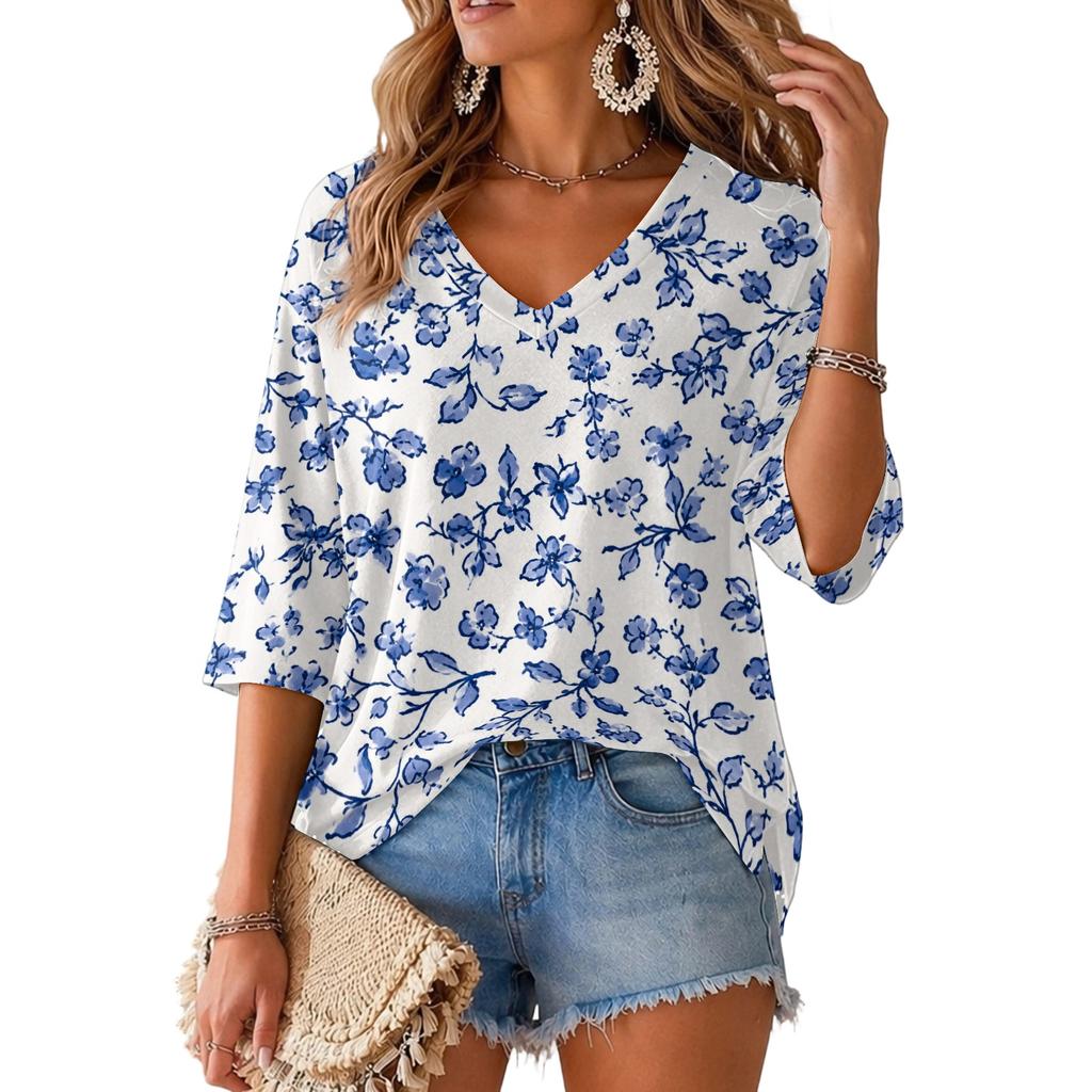 Women's V-Neck Retro Floral Print Lightweight Blouse for Spring and Summer