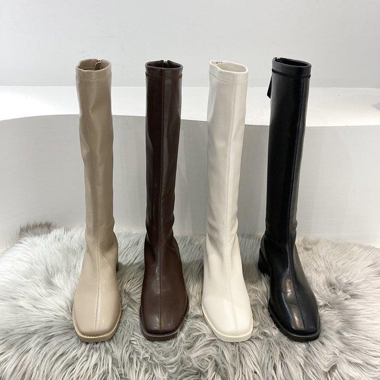 Rear zipper velvet boots 2023 new square-headed knight boots white versatile high boots women's thin boots