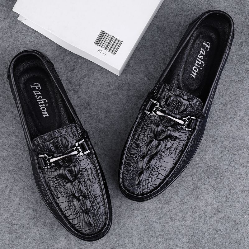 Flat-soled Casual Shoes Men's Summer Crocodile Pattern Lazy One-pedal Beanie Shoes Lightweight Soft-soled British Leather Shoes