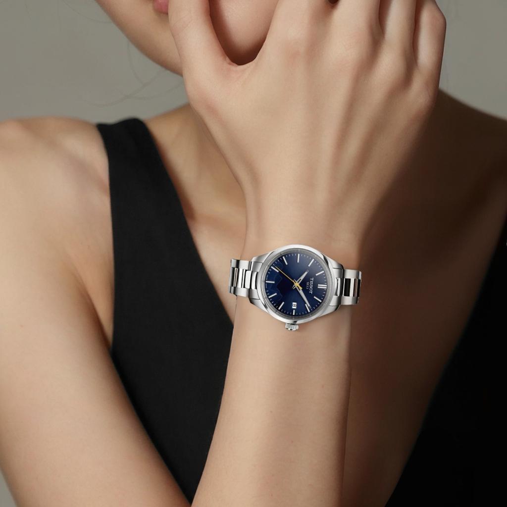 TISSOT PR Quartz Movement 100m Water Resistance Women's Watch 34mm Blue Dial Stainless Steel Case T150.210.11.041.01