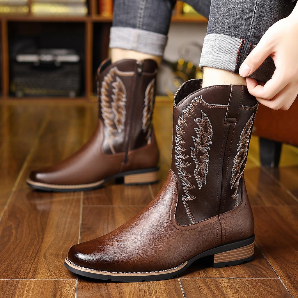 Fashion Autumn Winter New Western Cowboy Ankle Boots for Men Fashion Designer Embroidered Knight Boots Male Big Size Leather Shoes Man