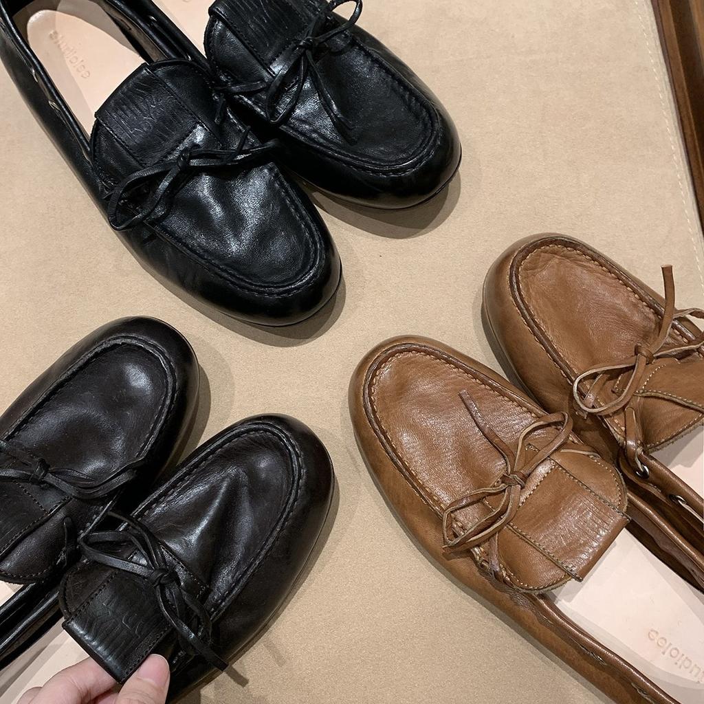 Grape mother with the same British style round head bow versatile comfortable Doudou loafers lazy pedal small leather shoes