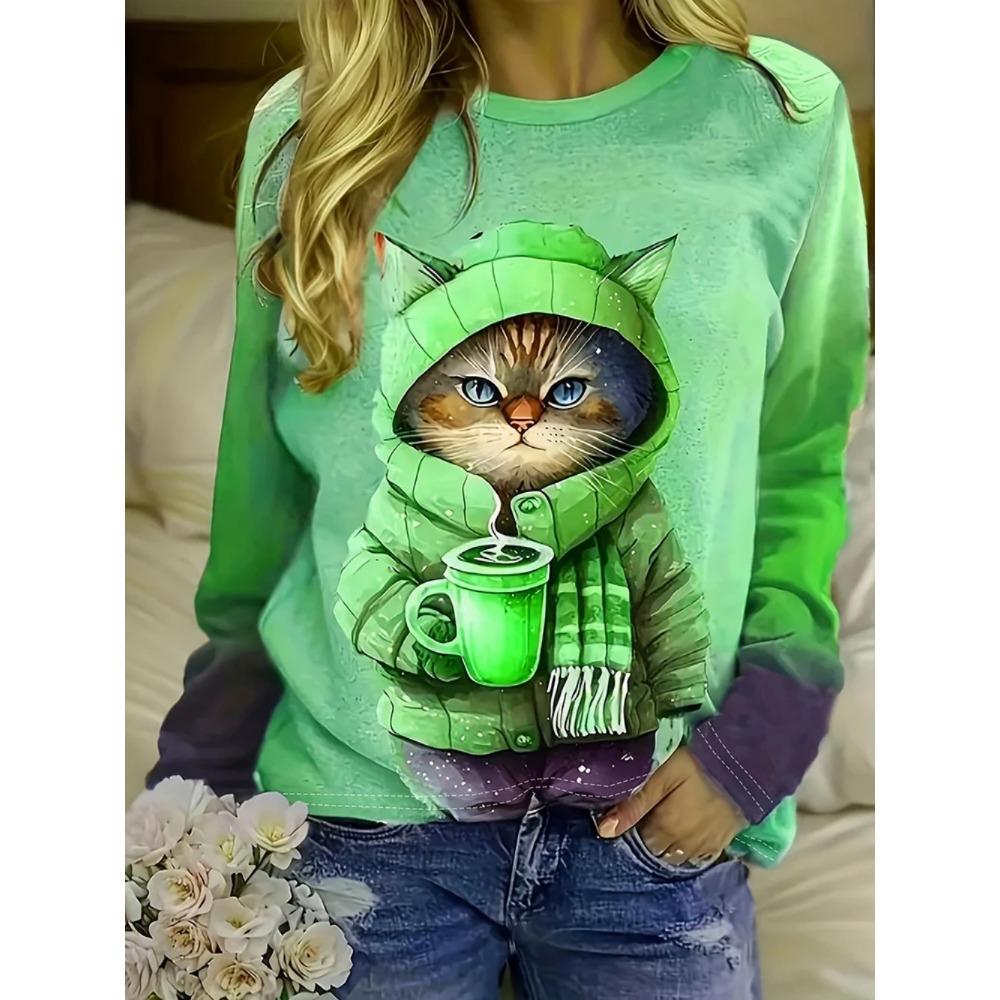 Daily casual 3D cute cat printed women's fashionable round neck long sleeved T-shirt