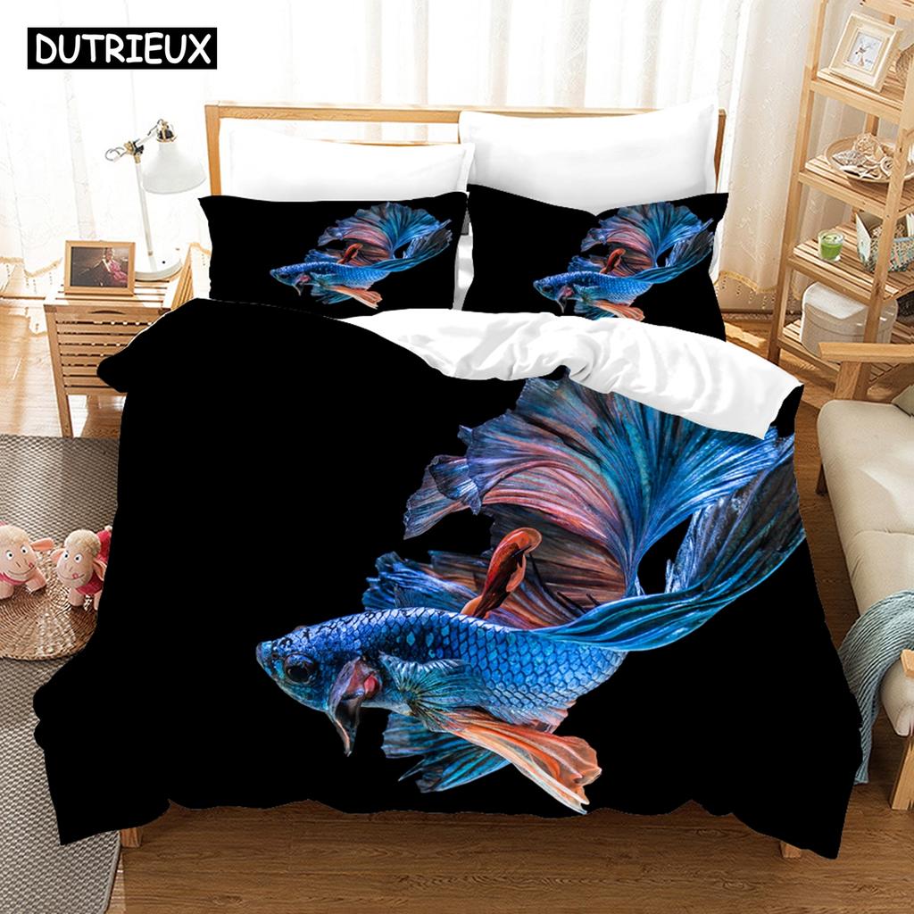 3D Printed Cartoon Fish Photo Chinoiserie Bedding Set Down Quilt Cover With Pillowcase Double Complete  King