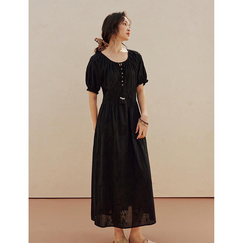 INMAN French Embroidered Shell Tassel Lantern Sleeve Maxi Dress
