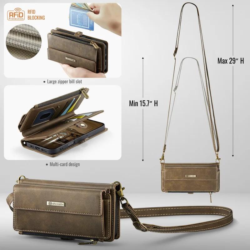 CaseMe Lanyard Leather Zip Wallet Card Phone Case for iPhone 17 Air 16E 16 Pro Max 15 Plus 14 13 12 11 X XR XS Crossbody Cover