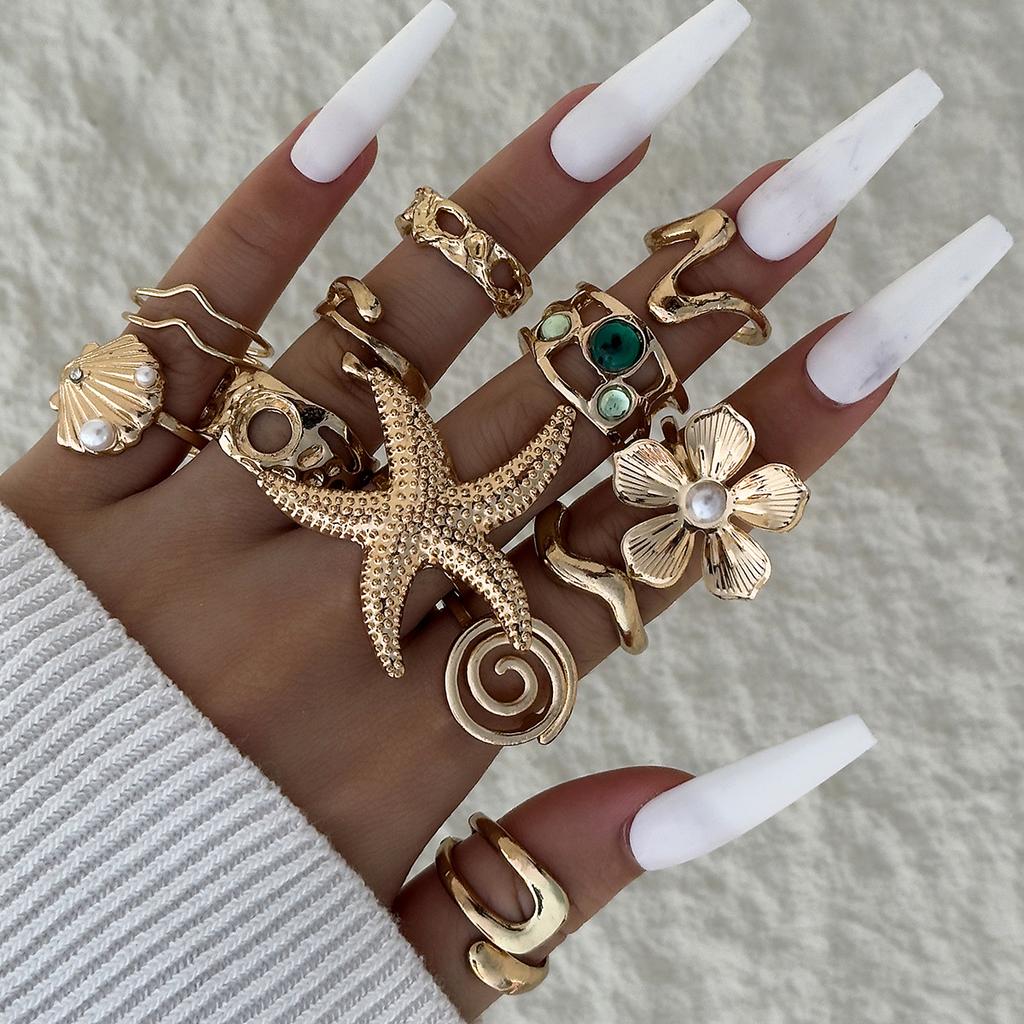 Bohemian Starfish Ring Set, Geometric Hollow Sun Flower Ring Ring for Women