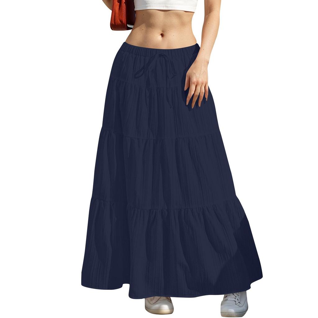 Women's Drawstring High Rise Midi Skirt Tiered Ruffle Maxi Skirt Casual Summer Long Skirt