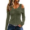 Women's Color Off-Shoulder Long Sleeve Ribbed T-Shirt with Button