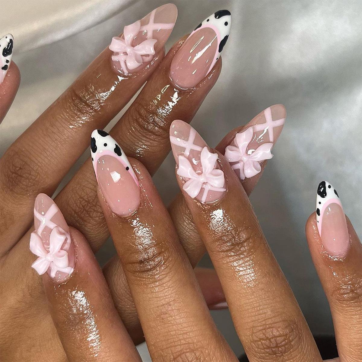 

Pink Almond French Cow Print Press-On Nails with Sweet Bow & Striped Tips