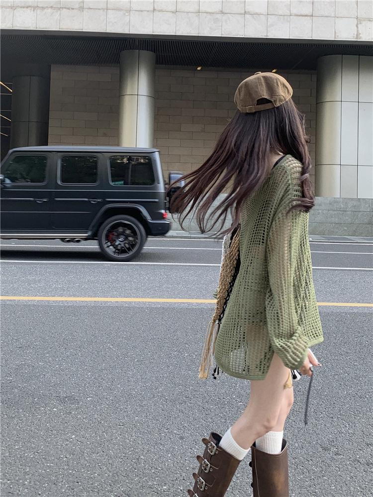 2025 Spring Summer Women's Mesh Cardigan: Lightweight, Loose, Off-the-Shoulder Knitwear with Long Sleeves