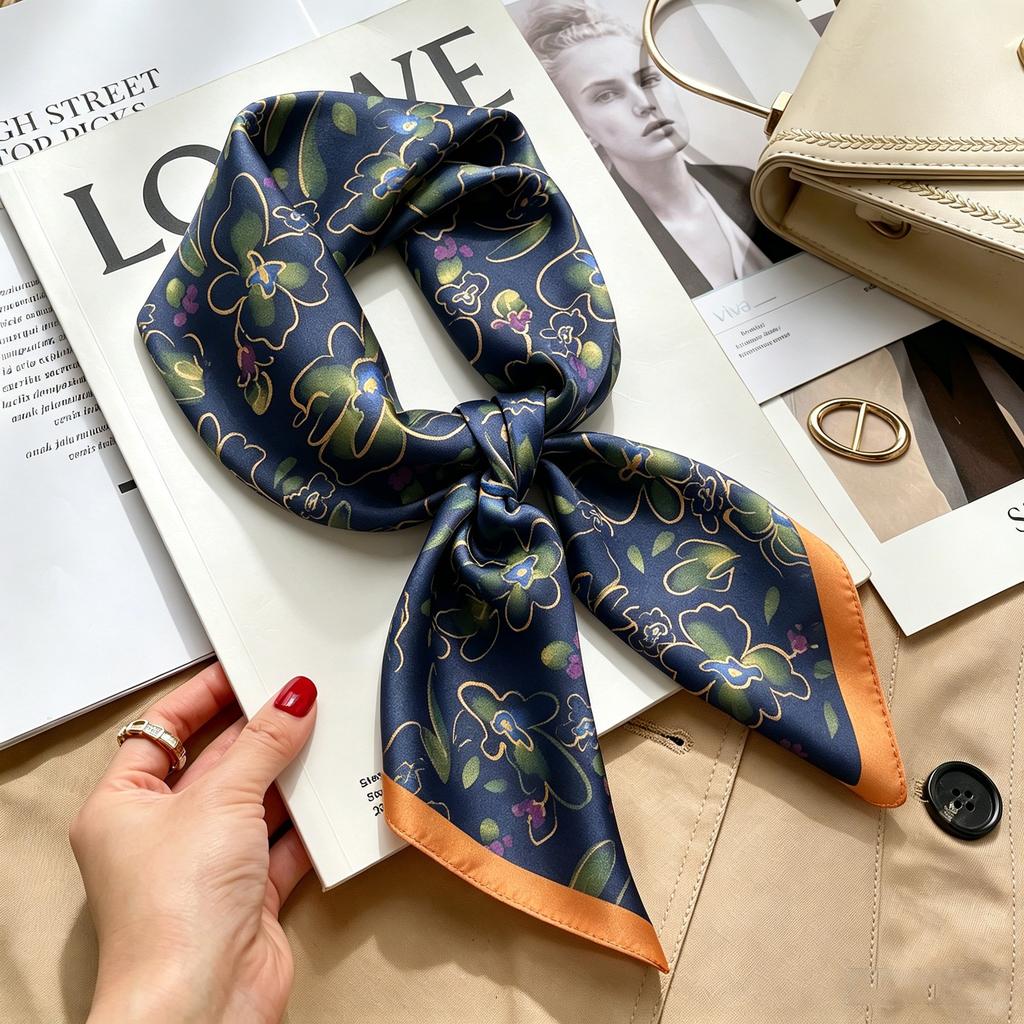 Commuter elegant flower silk scarf women's contrasting color retro printing satin scarf shirt with multi-purpose decorative small scarf