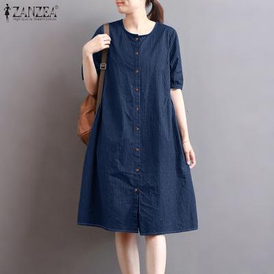 Women Casual Round Neck Short Sleeve Loose Stripe Dress