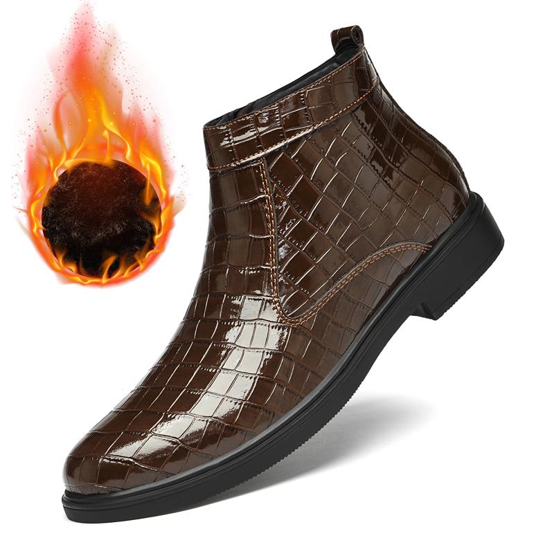 Fashion Fashionable Side Zipper Business Leather Boots Men's Quality Rubber Soles Comfort Chelsea Boots Winter Plush Warm High Top Boots