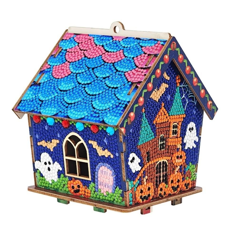 3D Wooden House Halloween Rhinestone Painting Kit Cute Handmade Craft Set Party Decor