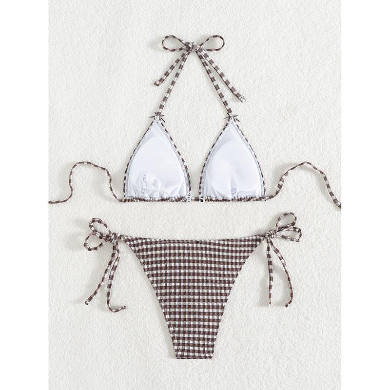 Plaid Bikini Set Women Swimsuit Two-Piece Halter Lace Up Bow Female Swimwear Sleeveless Bathing Summer Fashion Beachwear
