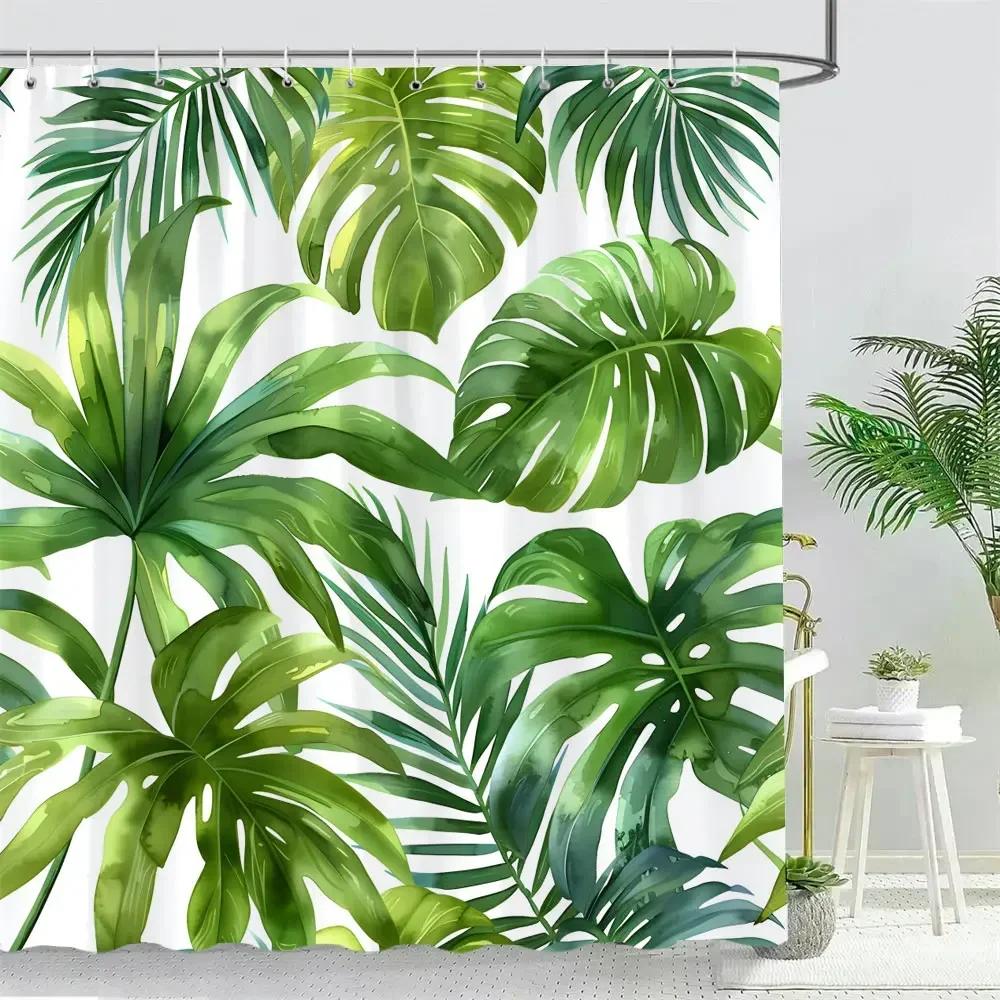 Beautiful Tropical Plant Leaves Shower Curtain Watercolour Palm Tree Leaves Printed Polyester Fabric Bath Curtain Bathroom Decor