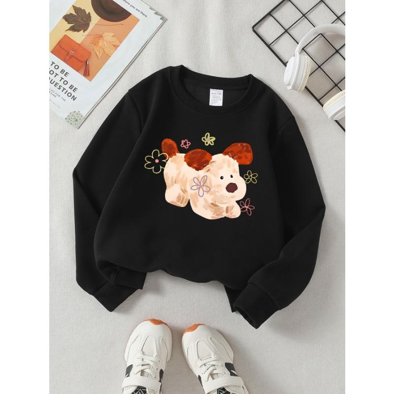 European sizes Girls' Soft Crewneck Sweatshirt, Cute Puppy with Flowers Print, Casual for Fall Winter, Ideal Holiday Present.