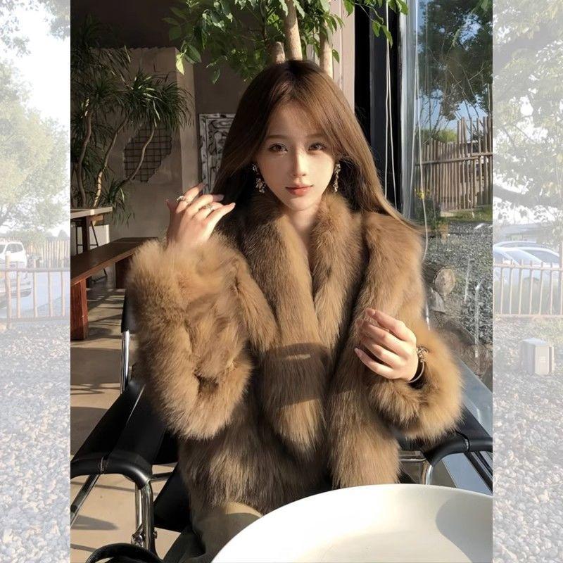 

Премиальная коричневая шуба из искусственного меха лисы женская зимняя новая короткая со стойкой воротником плюшевая шуба тренд S