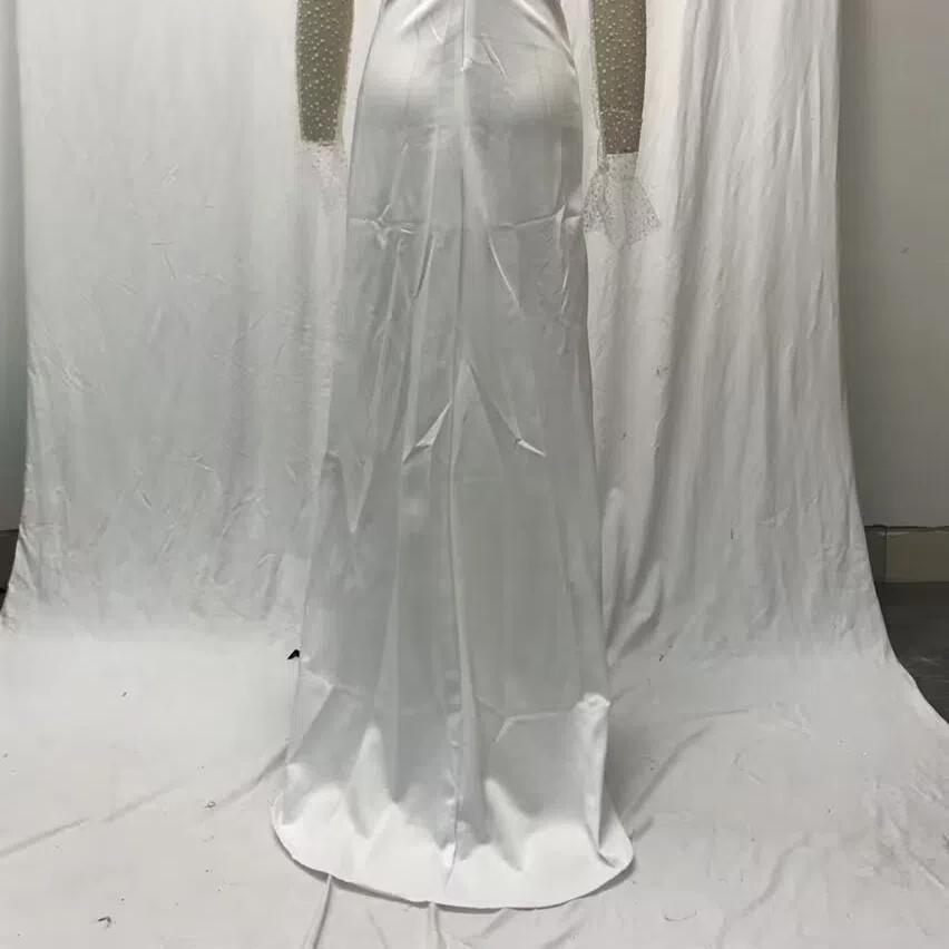 2025 Summer Autumn Women's Sheer Mesh Wedding Dress, Sexy V-Neck Long Sleeve Gown With High Slit, White See-Through Bridal Dress For Formal Events