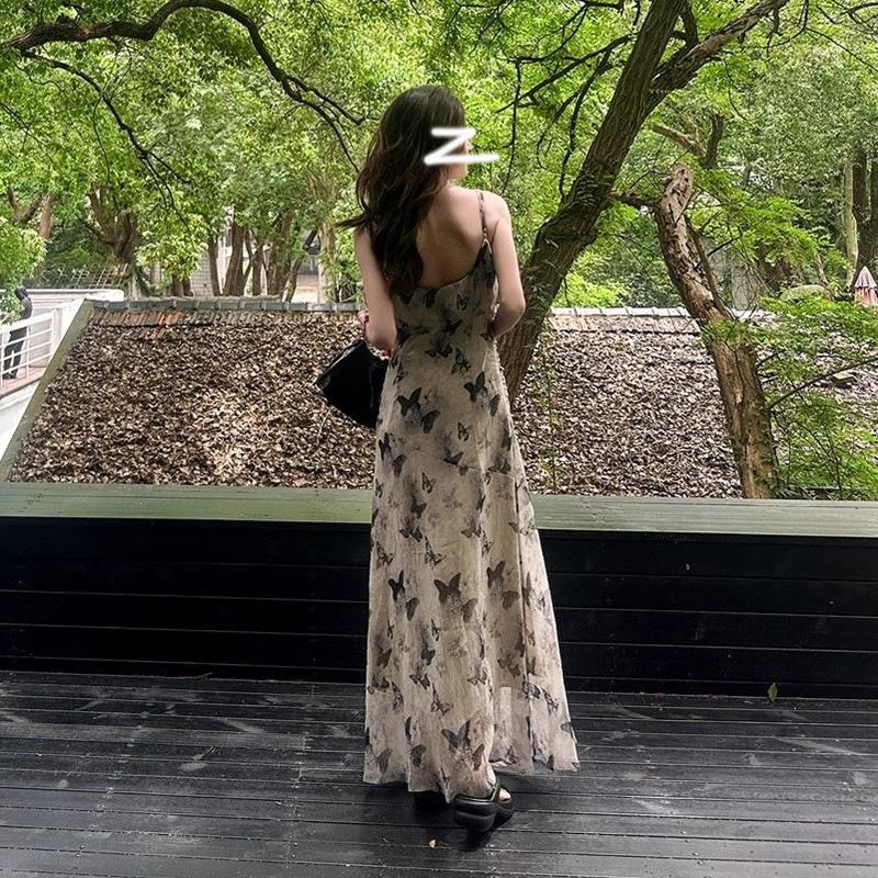 Cold ink butterfly floral suspender dress women's summer new French chic beautiful temperament dress