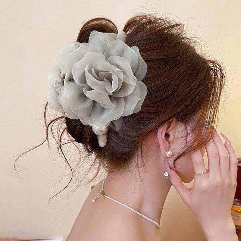 New Korean Rose Flower Hair Clip for Women Sweet Fabric Back Head Shark Clip Fashionable High-end Exquisite Hair Accessories