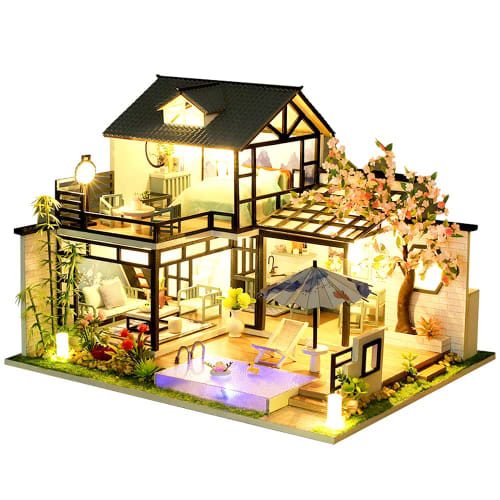 

moin moin 1/24 scale dollhouse miniature handmade kit set featuring a flower-filled house reminiscent of an ink painting, English instructions, LED li