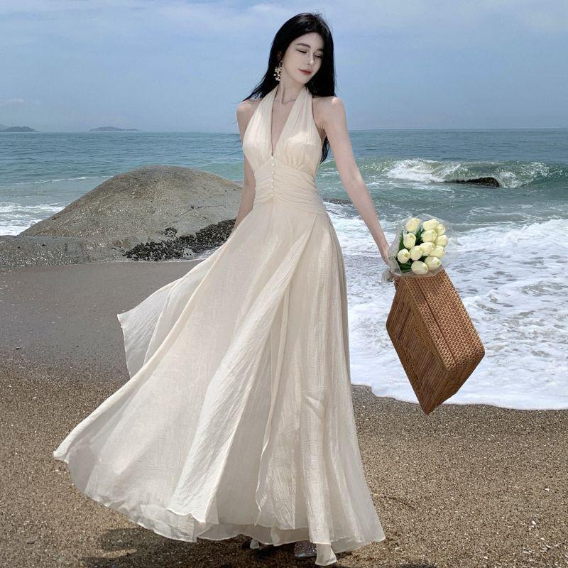 French Goddess Style Backless Halter Dress – Summer Beach Fairy Long Skirt