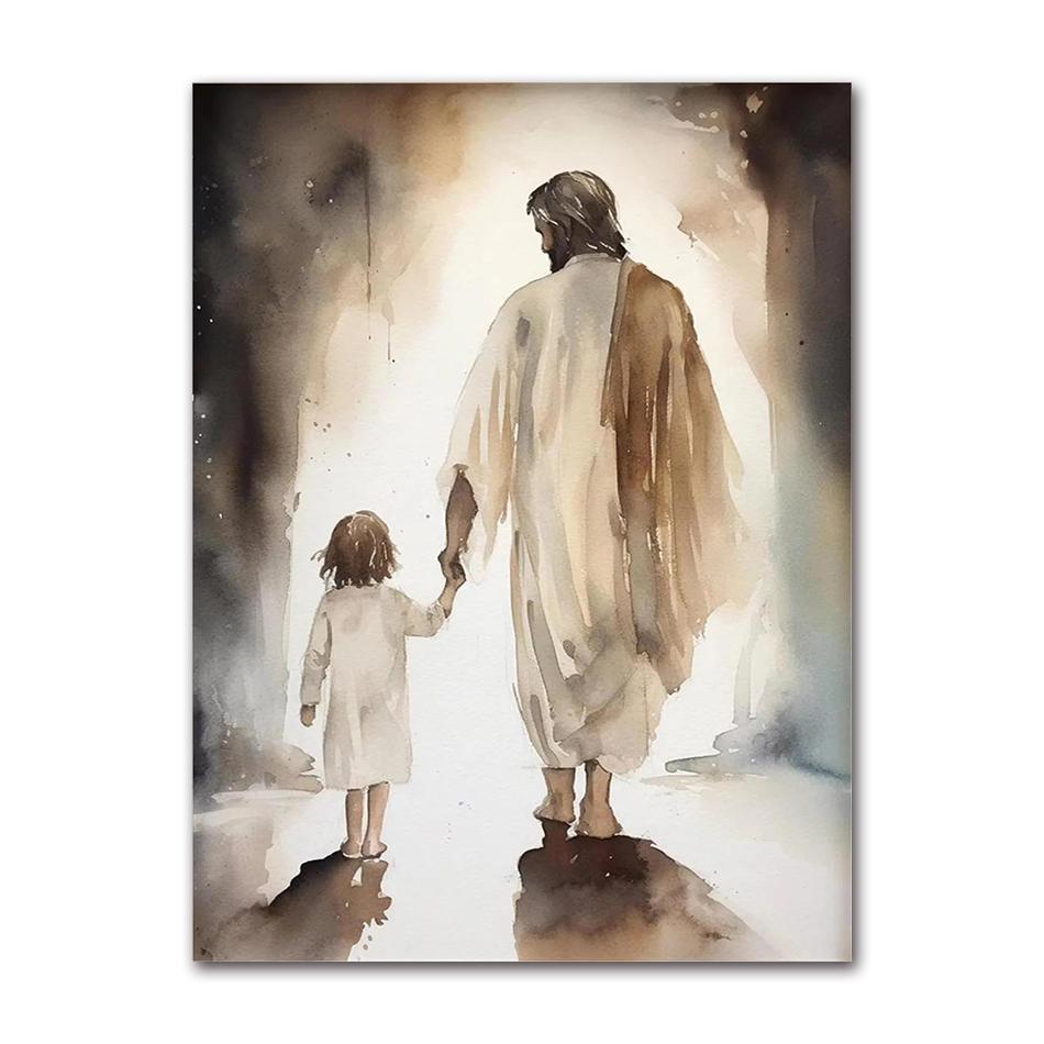 Sheep Kids Back Shadow Poster Print Canvas Printing Wall Art Picture for Living Room Nursery De Watercolor Christianity Jesus