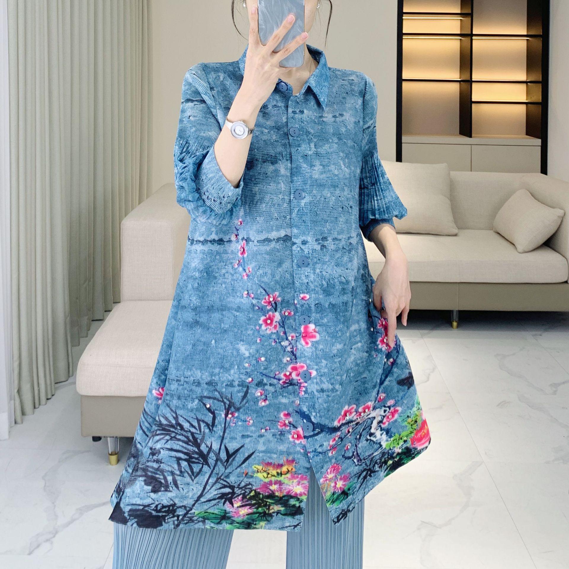 

Платье-рубашка с ретро-принтом на осень 2025 года для женщин среднего и пожилого возраста - Молодящее и шикарное One Size (90-150 jin) синий