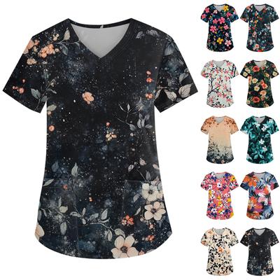 Women's Printed Uniform Work Uniform V-Neck Pocket Protective Work Uniform