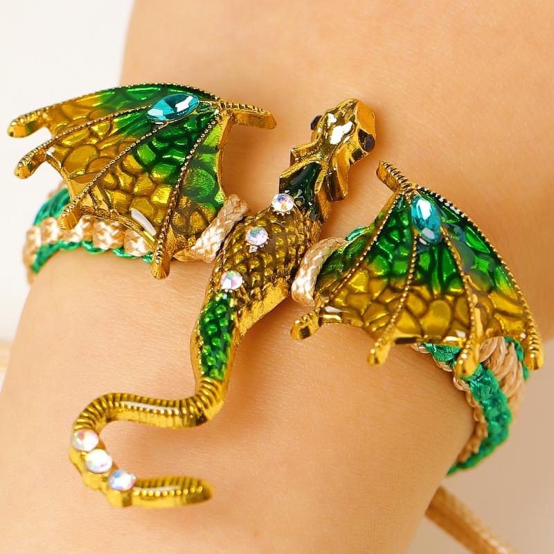 Vintage Hand Woven Dragon Hand Rope Enamel Diamond Inlaid Flying Dragon Jewelry Waterproof for Travel Wear
