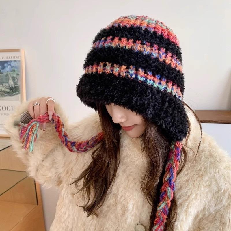 Color matching plush hat women's autumn and winter thickened warm and cold-proof small face outdoor knitted cold hat