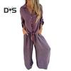 Women's Cotton-Linen Two Piece Outfit Long Sleeve Lapel Button Down Top Matching Wide Leg Pants Casual Loungewear Set