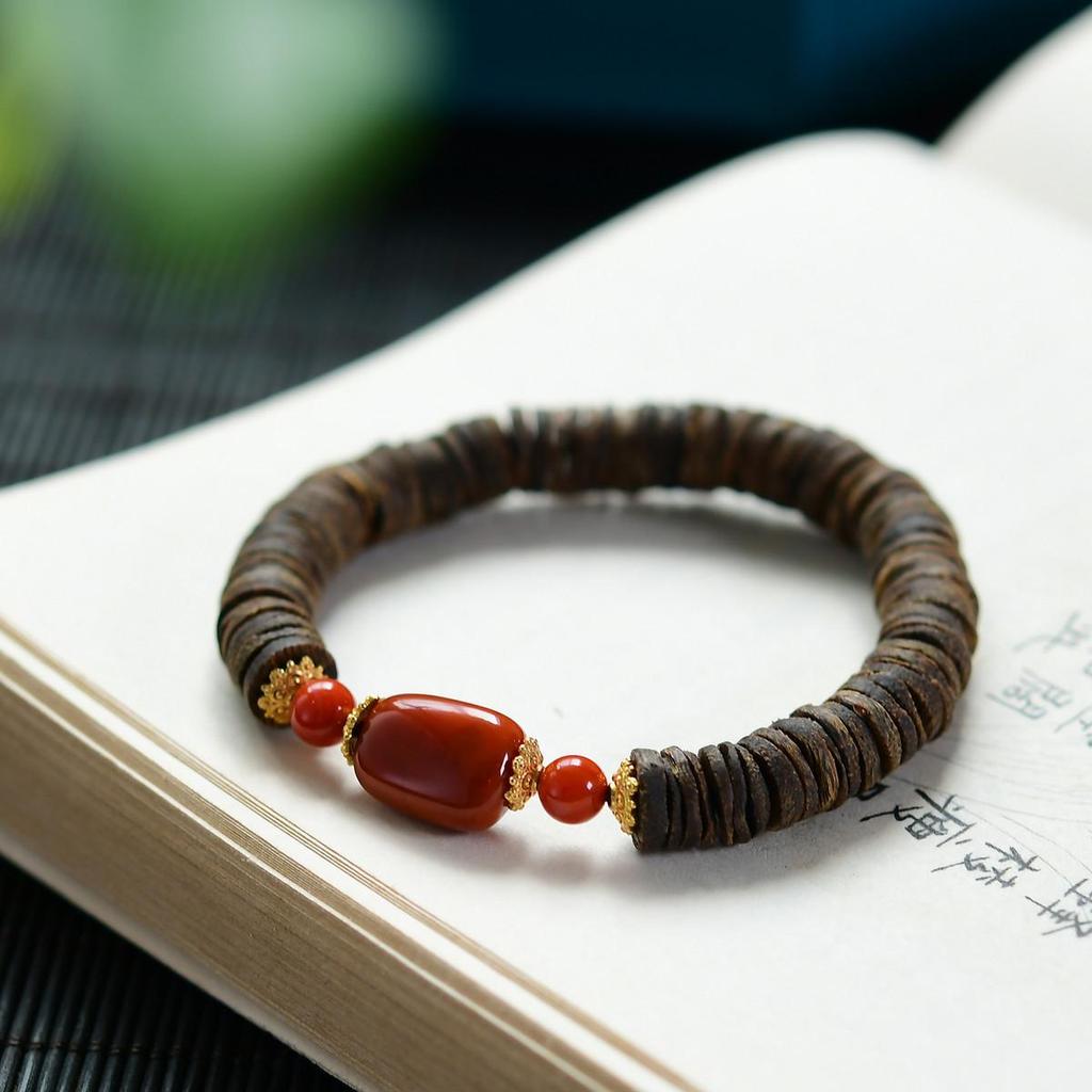 Oriole Song Agarwood & Nan Hong Agate Bracelet with 925 Silver Beads (No Oil Injection)