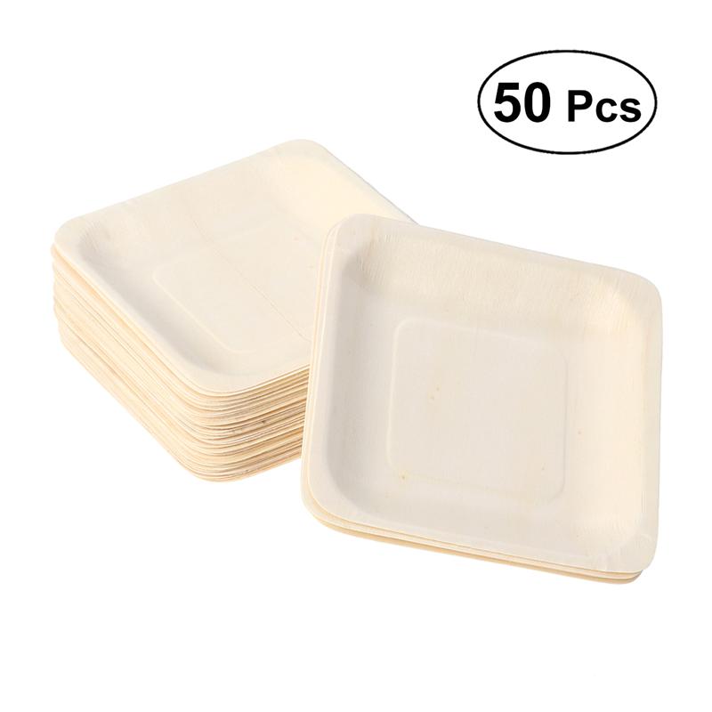 50/100pcs Square Disposable Wooden Plate and  Spoon Party Plates Tableware for Wedding Restaurant Picnic Birthday 140x140mm