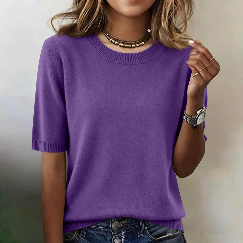 Suéter de Punto de Manga Corta para Mujer, Jersey Casual de Cuello Redondo, Ligero, Suave, con Dobladillo de Canalé, Top para Uso Diario