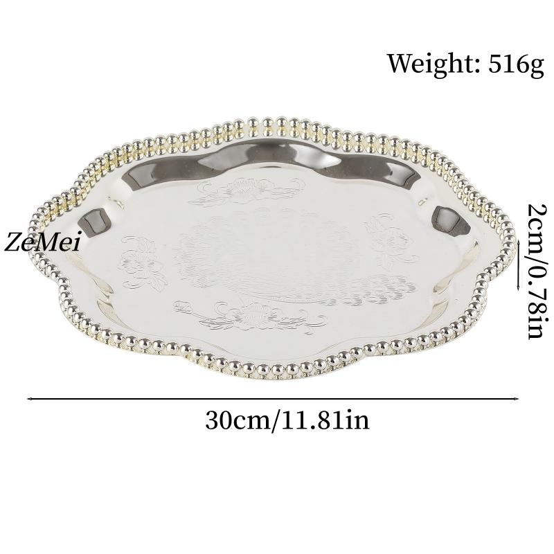 

European Style Flower Shape Fruit Plate,Pearl Dot Silver Metal Cake Plate Home Food Tray, Snack Disc Wedding Table Decoration 11.81 inches