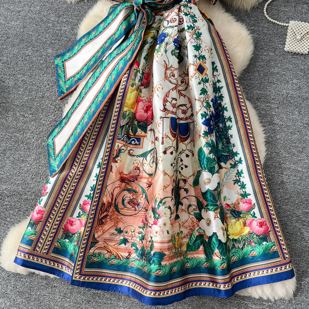 Elegant Retro Print Flower Long Dresses Women Summer Autumn Holiday Palace Style National Trench Belt V Neck Party Dress