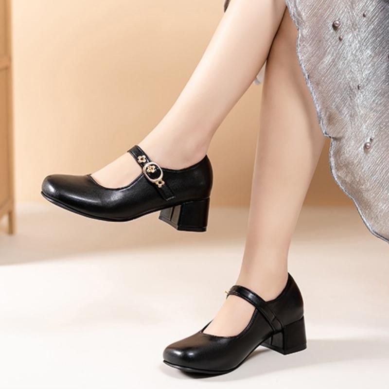 

Мода 2025 Новые туфли Мэри Джейн на ремешке Женские туфли на высоком каблуке С круглым носком Неглубокие Массивный каблук Лодочки для моды Ретро Офис Карьерная обувь 35 чёрный