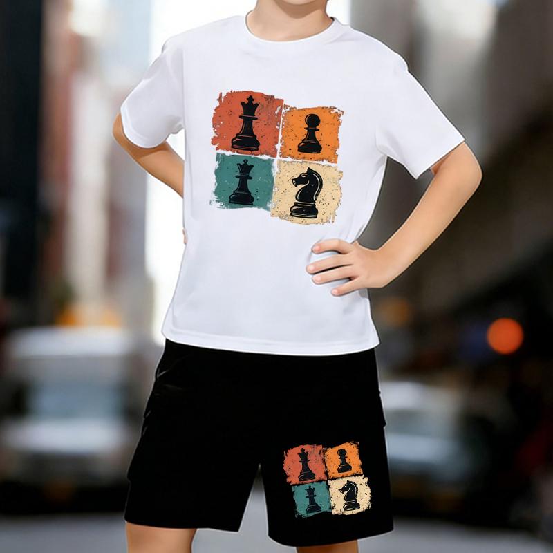 

Boys 2 Piece Wisdom and Strategy Themed Printed Outfit, Short Sleeve T-Shirt and Shorts Set for Kids Age 5-14,White Sporty Casual Summer Clothes 13-14 Years білий