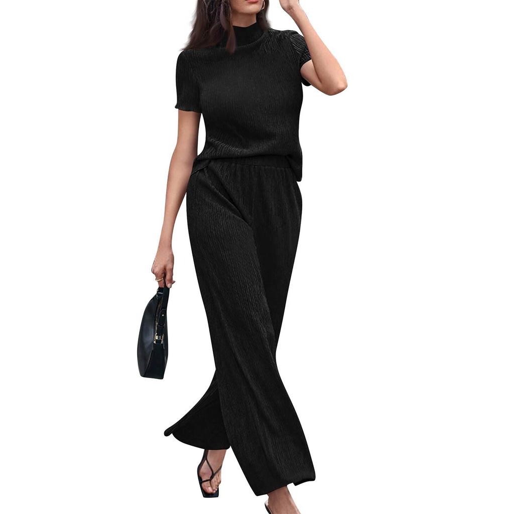 Women's Two Piece Set High Neck Short Sleeve Loose Fit Top with Wide Leg Pants Casual Lounge Wear Set