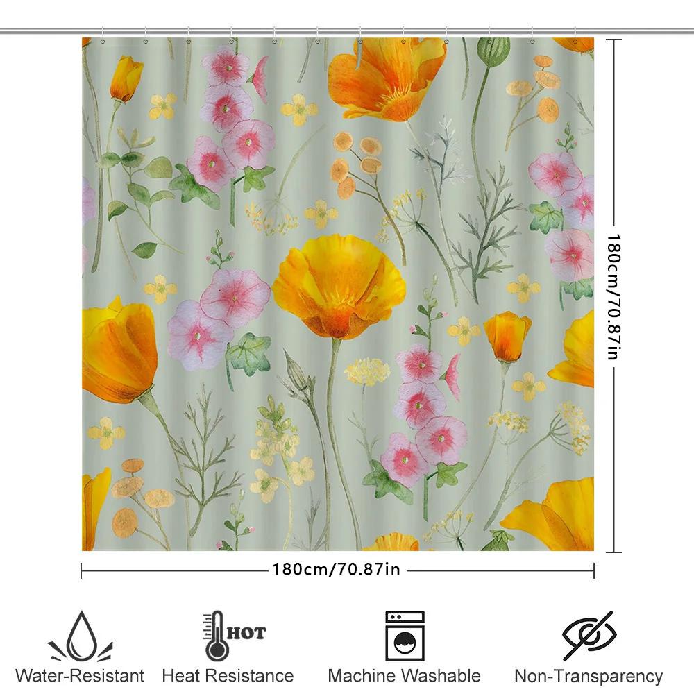 Colorful Floral Bath Curtain Waterproof Fabric Shower Room Decoration For Bathroom Decor Home Accessories In Green Yellow