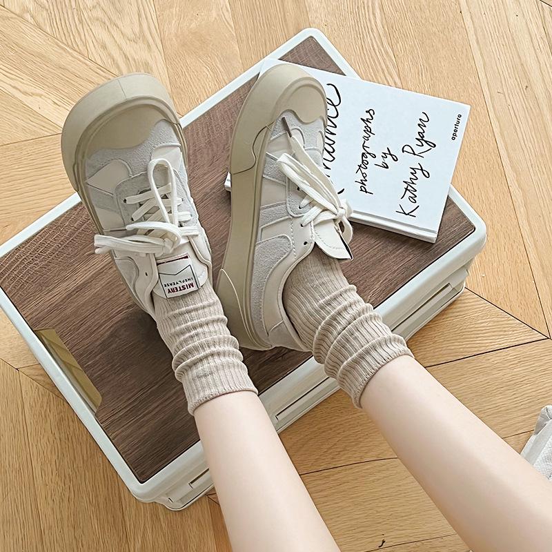 Women's Japanese Style Mid-Calf Knitted Scrunch Socks - Preppy Solid Color, Seamless, Trendy Design