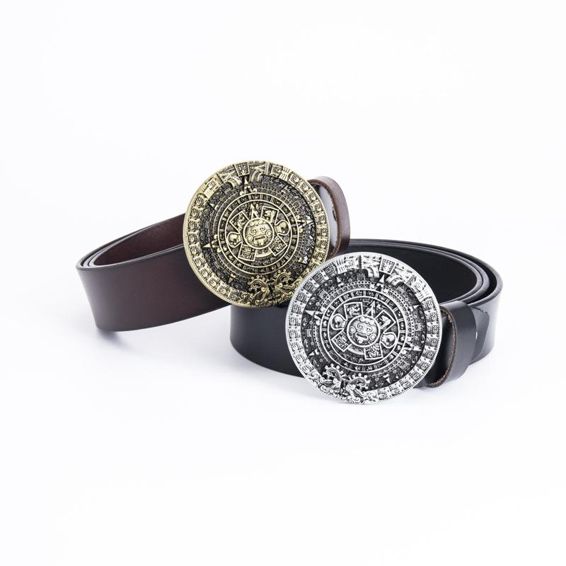 Glossy Whole Cowhide Belt, Zinc Alloy Ancient Tin Aztec Calendar Belt, Retro Large Size Pure Leather Belt.