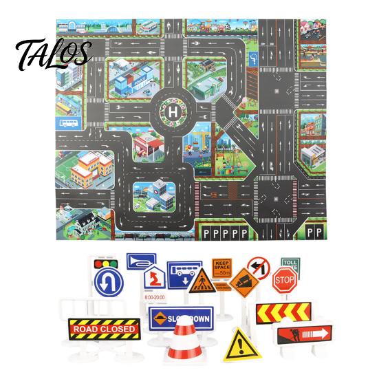 Non Slip Crawling Mat for Babies City Traffic Play Kids, 130x100cm Car Road Scene Toy Carpet Cars Rug with Signs, Foldable PVC Floor Bedroom