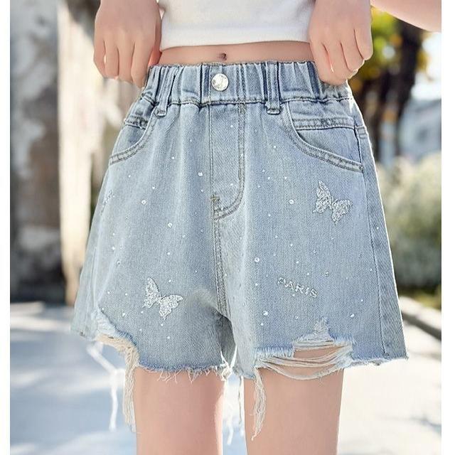 Girls' Denim Pant Stamping Shorts Children's Trendy Perforated Shorts Fashionable Summer Clothing Trend