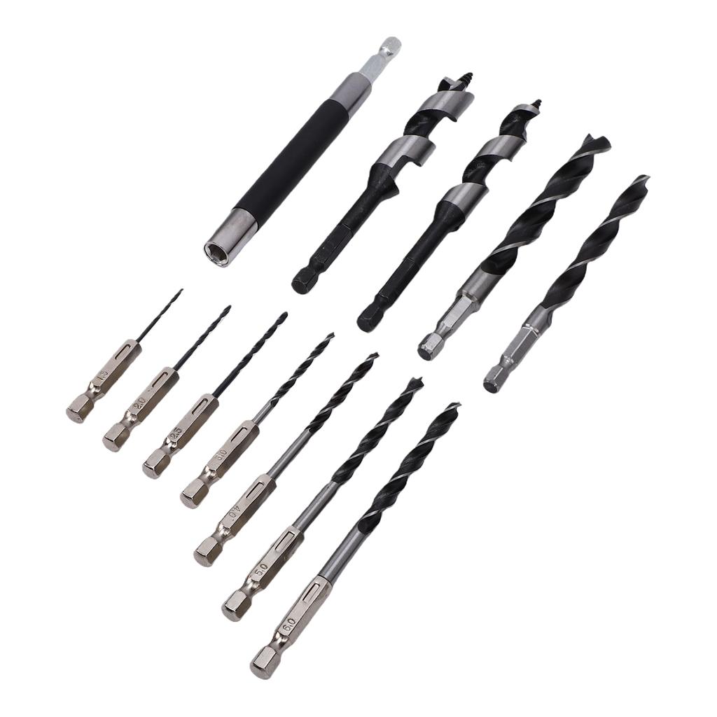 Woodworking Drill Bit Set 1 4 Inch Hex Shank 2 Auger Bits 9 Wood Drilling Bits 120MM Extension Pole with Storage Box