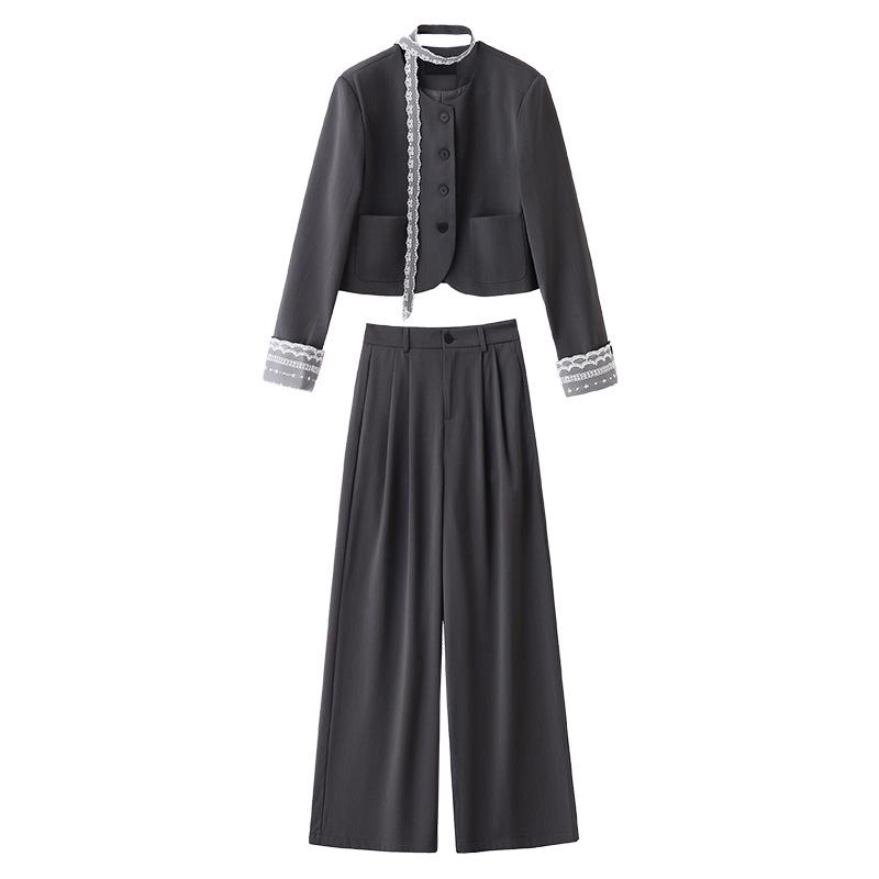 2025 Spring Lace Patchwork Jacket & Wide-Leg Pants Set